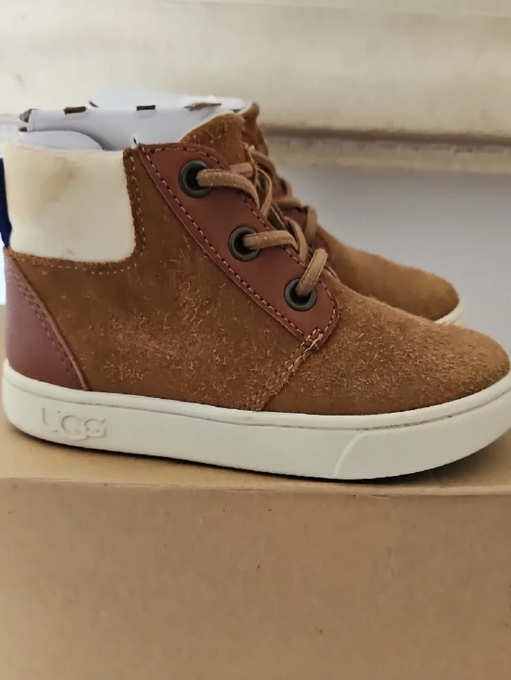 UGG Toddler Jayes Sneaker Brown Suede High-Top Boots with Cream Soles